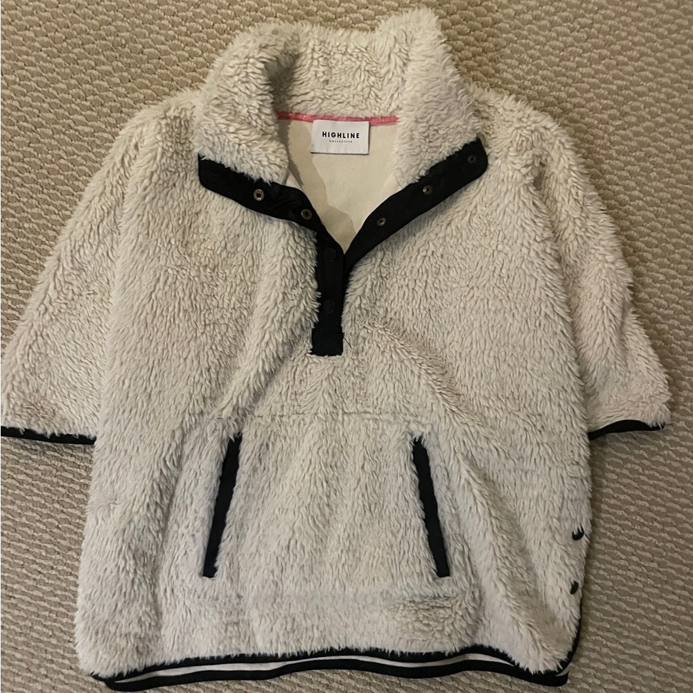 White Fleece Pullover Poncho with Black Accents